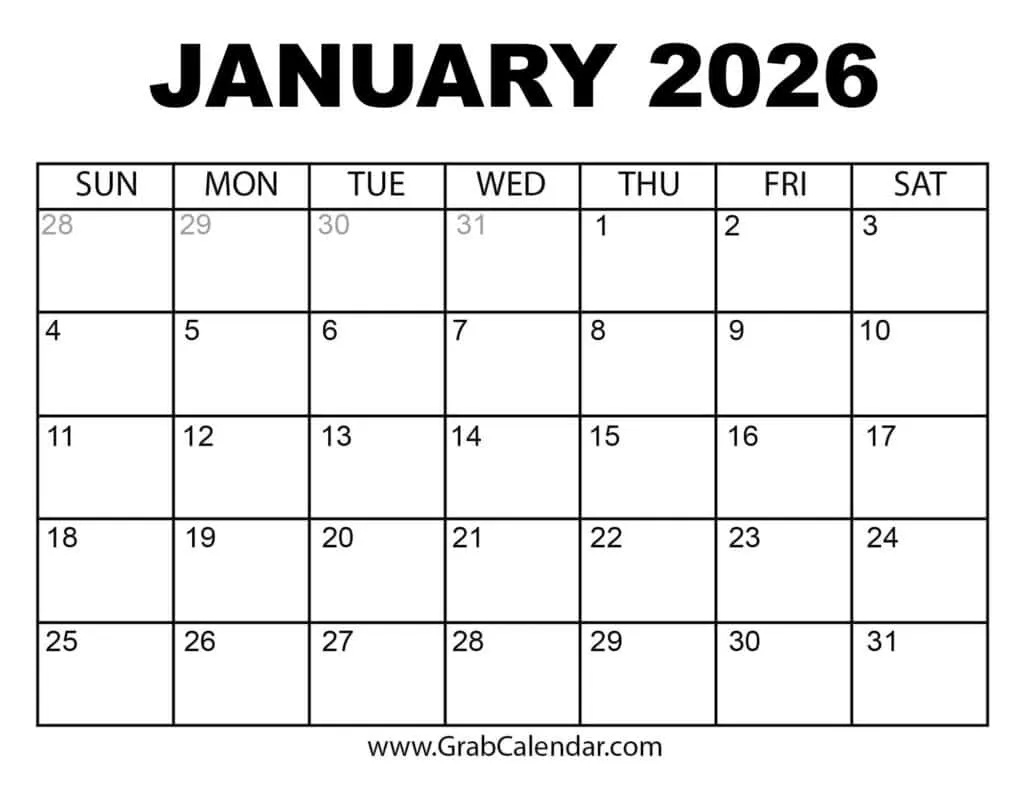 Printable January 2026 Calendar inside Printable Calendar 2026 January To March