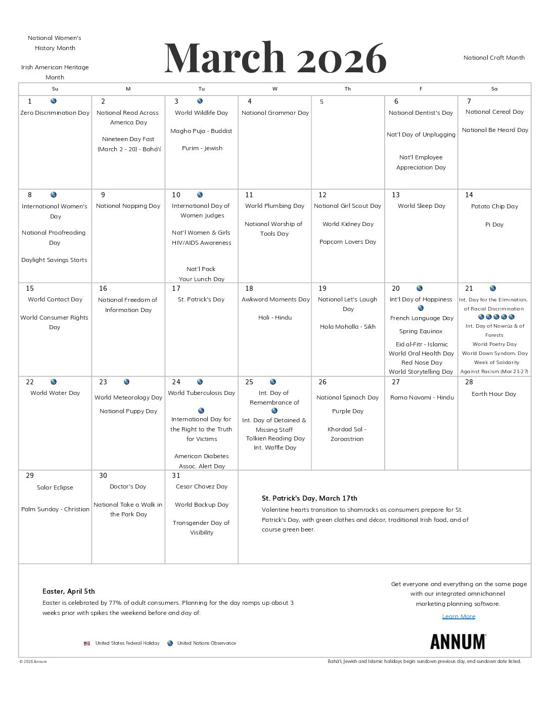 Printable March 2026 Calendar | March Holidays | Annum regarding March 2026 Calendar With Holidays Usa