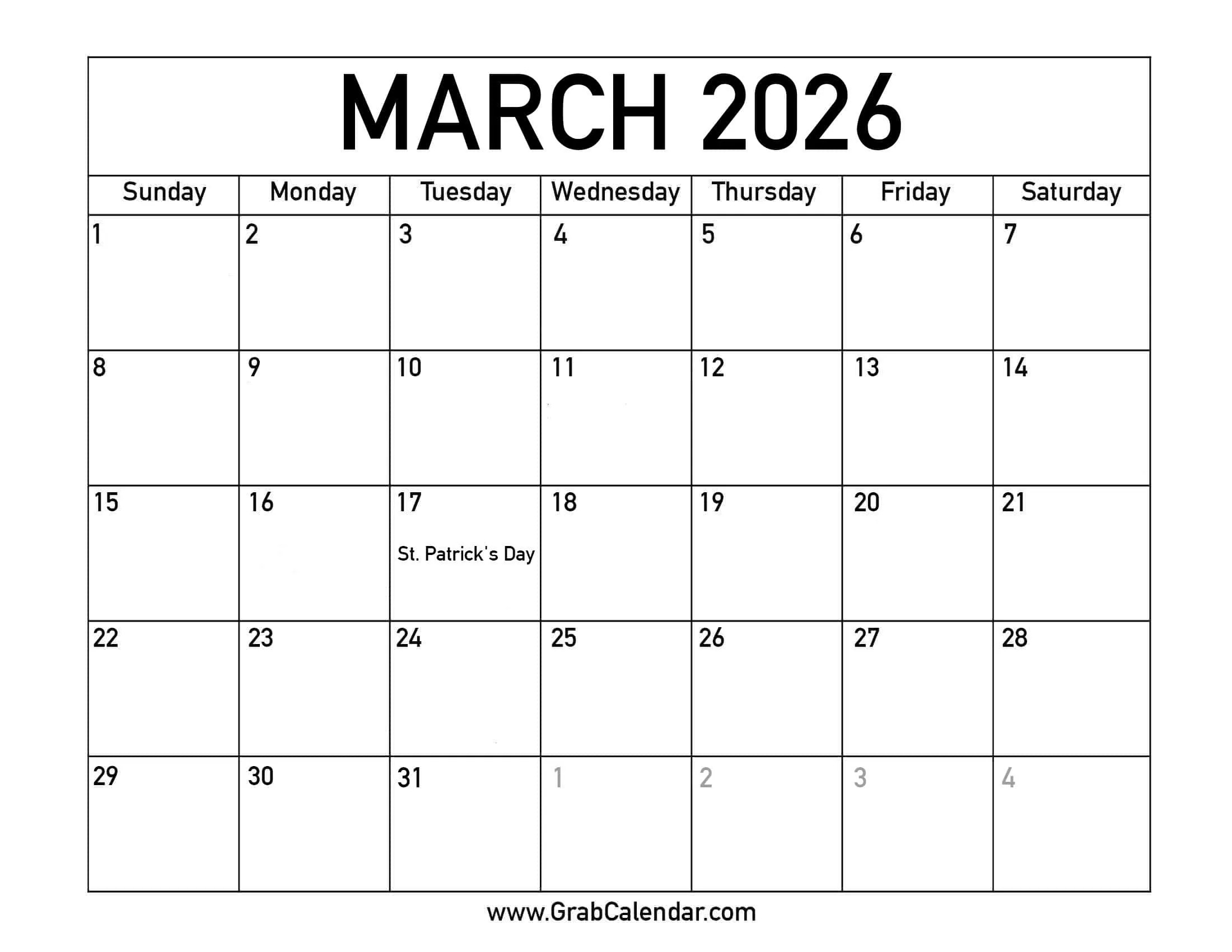 Printable March 2026 Calendar pertaining to March Calendar 2026 Holidays