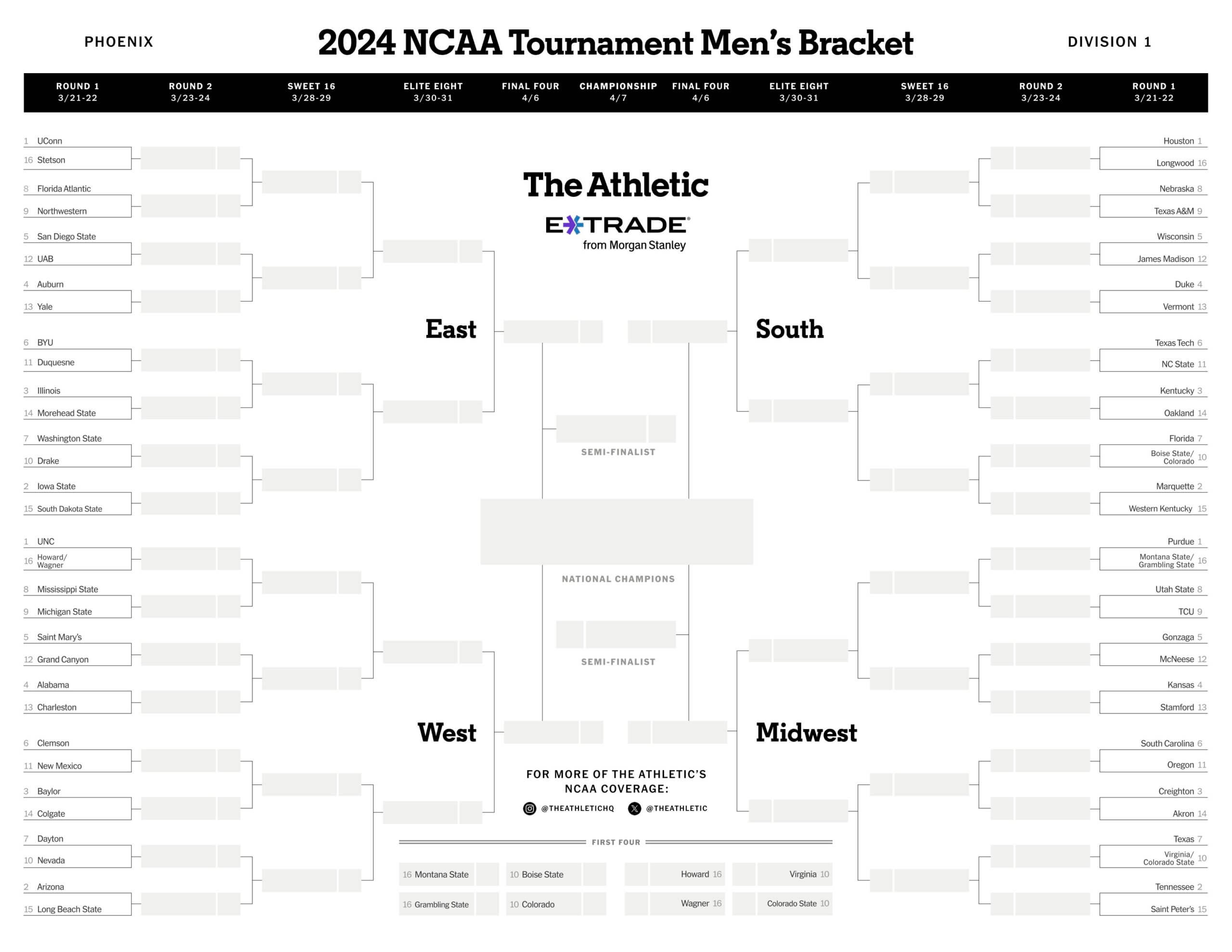 Printable March Madness Bracket - The Athletic for March Madness 2026 Calendar Printable