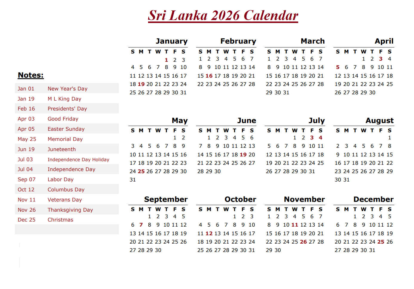 Printable Sri Lanka 2026 Calendar Template With Holidays inside March Calendar 2026 Sri Lanka