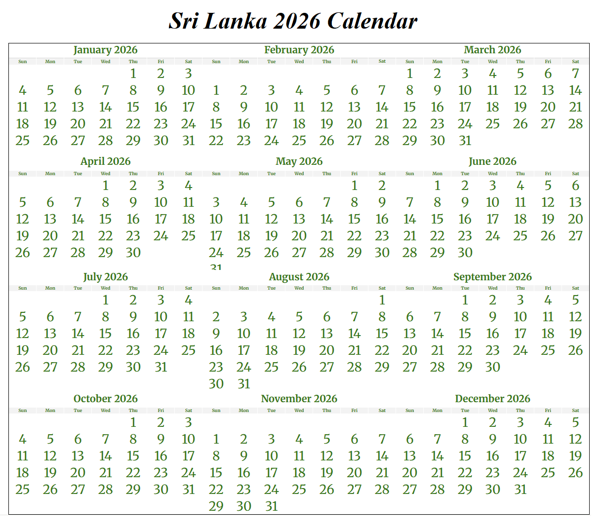 Printable Sri Lanka 2026 Calendar Template With Holidays regarding March Calendar 2026 Sri Lanka