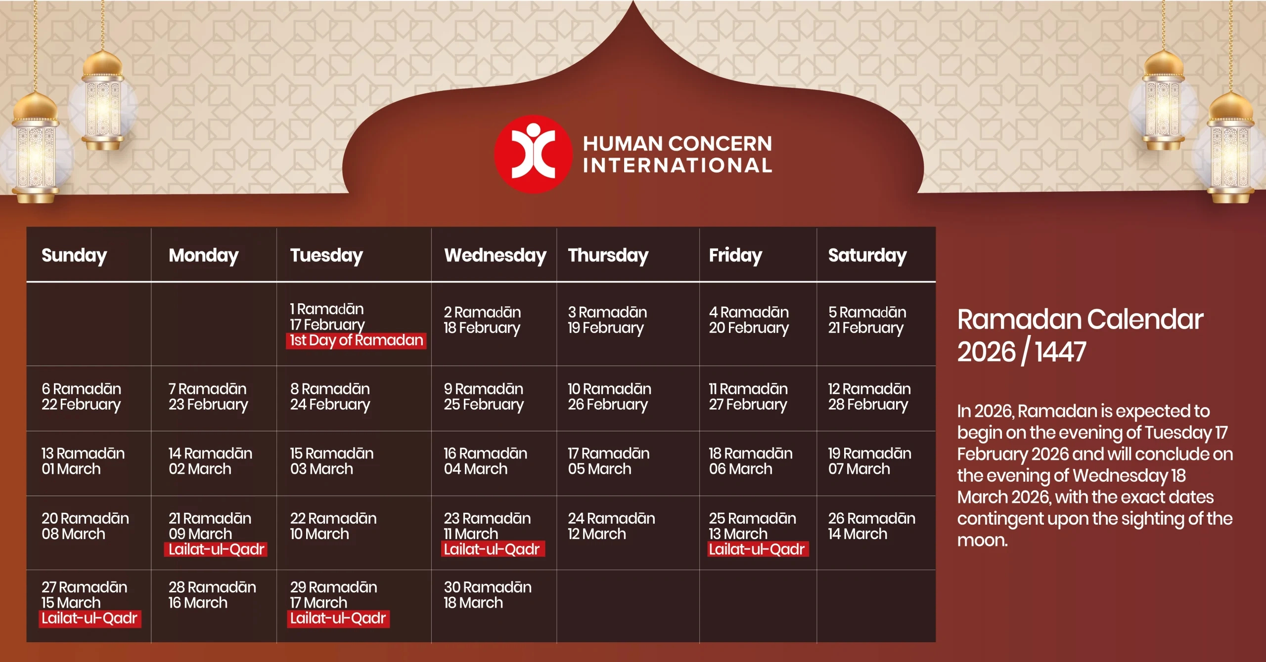 Ramadan 2026 / 1447 Ah - Human Concern International Canada intended for Ramadan In Usa 2026 Calendar