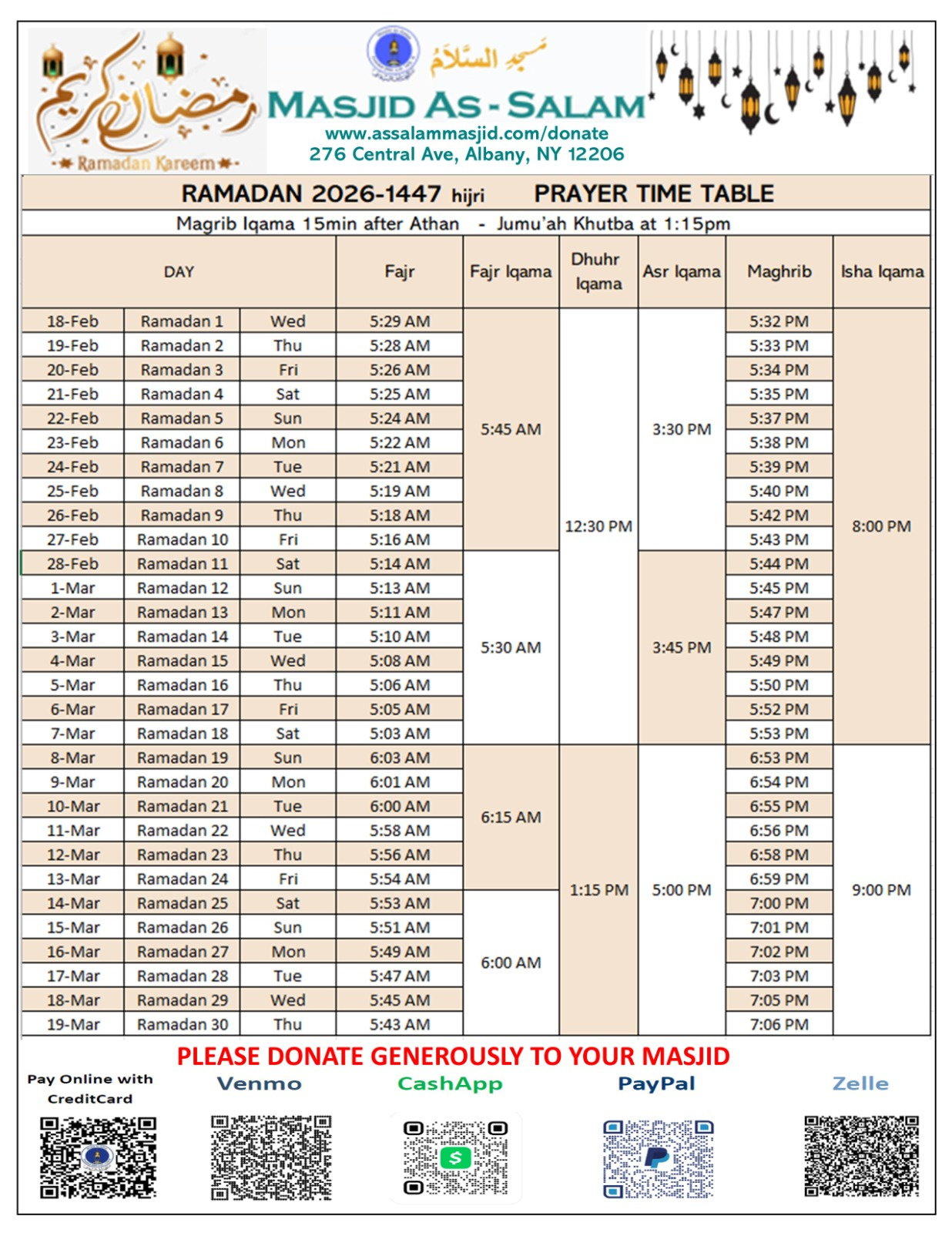 Ramadan 2026 In Albany,Ny – Masjid As Salam within Ramadan Calendar 2026 New York