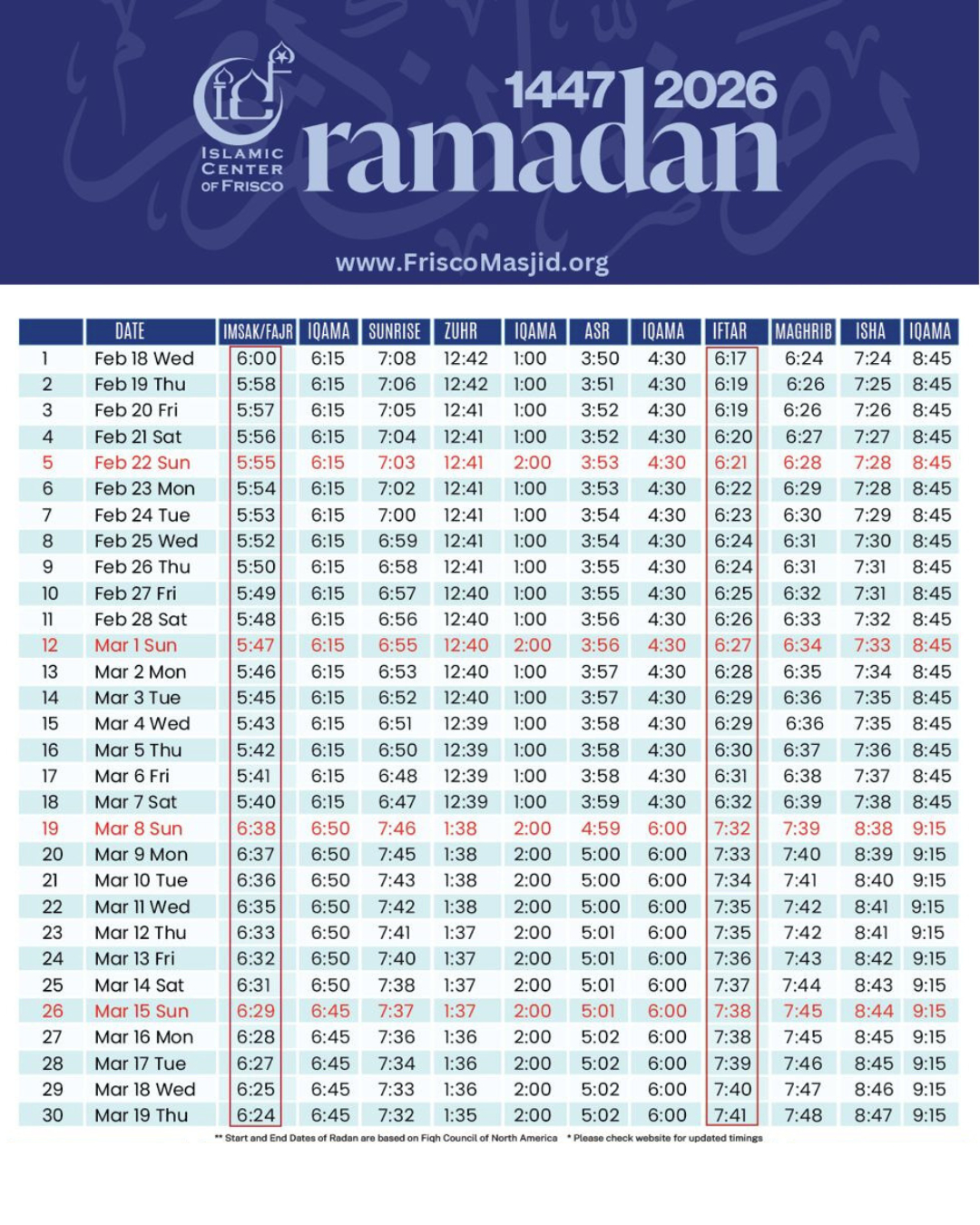 Ramadan 2026 - Islamic Center Of Frisco with Epic Masjid Ramadan Calendar 2026