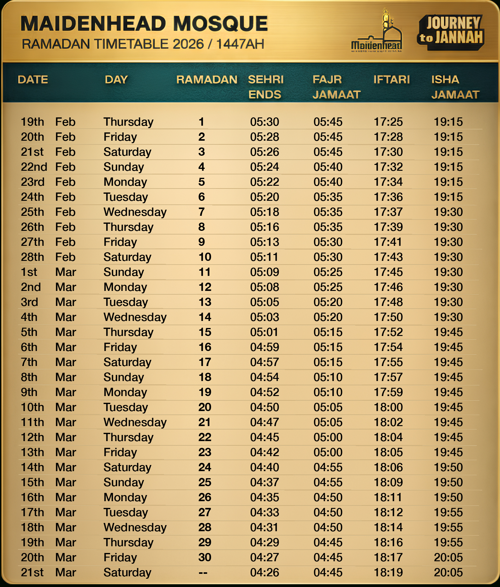Ramadan 2026 Timetable - Journey To Jannah in Ramadan Calendar 2026 Michigan