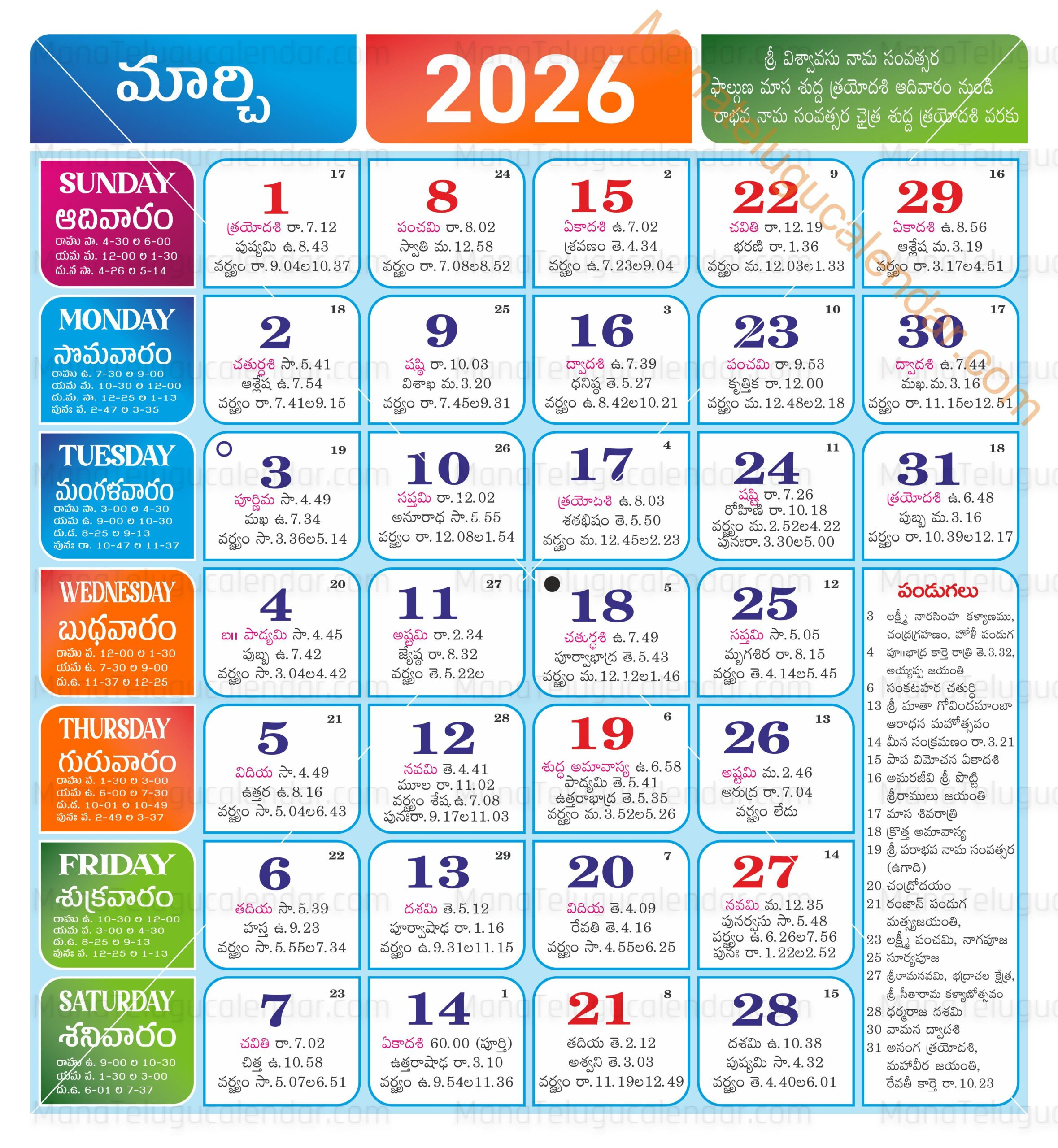 Telugu Calendar 2026 March: తెలుగు క్యాలెండర్ 2026 with March 2026 Telugu Calendar Ugadi